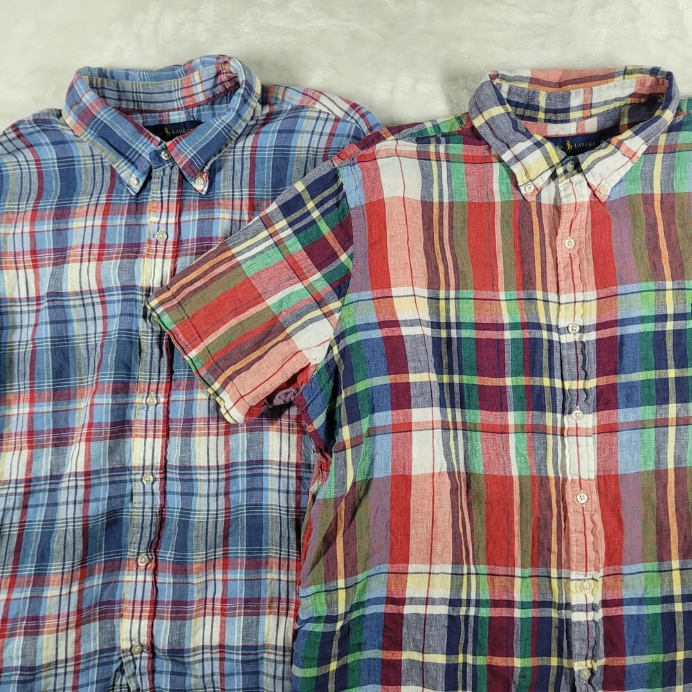 Ralph Lauren Button Down‎ Shirt Men's 2XL Plaid 100% Linen Short Sleeve LOT OF 2